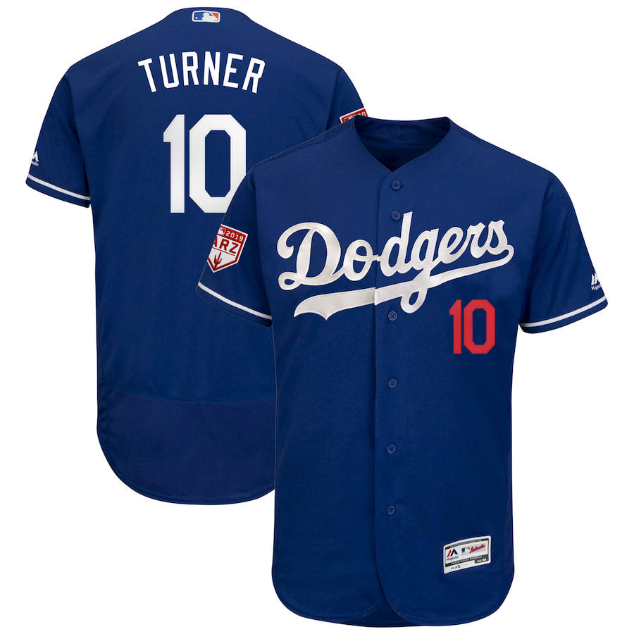 Men's Los Angeles Dodgers #10 Justin Turner Majestic Royal 2019 Spring Training Flex Base Stitched MLB Jersey